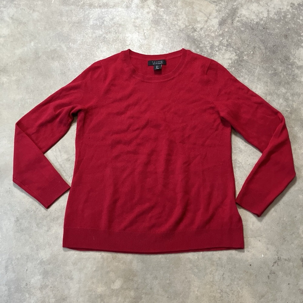 Tahari Womens 100% Cashmere Sweater Size L Red 2 Ply Crewneck Pullover
